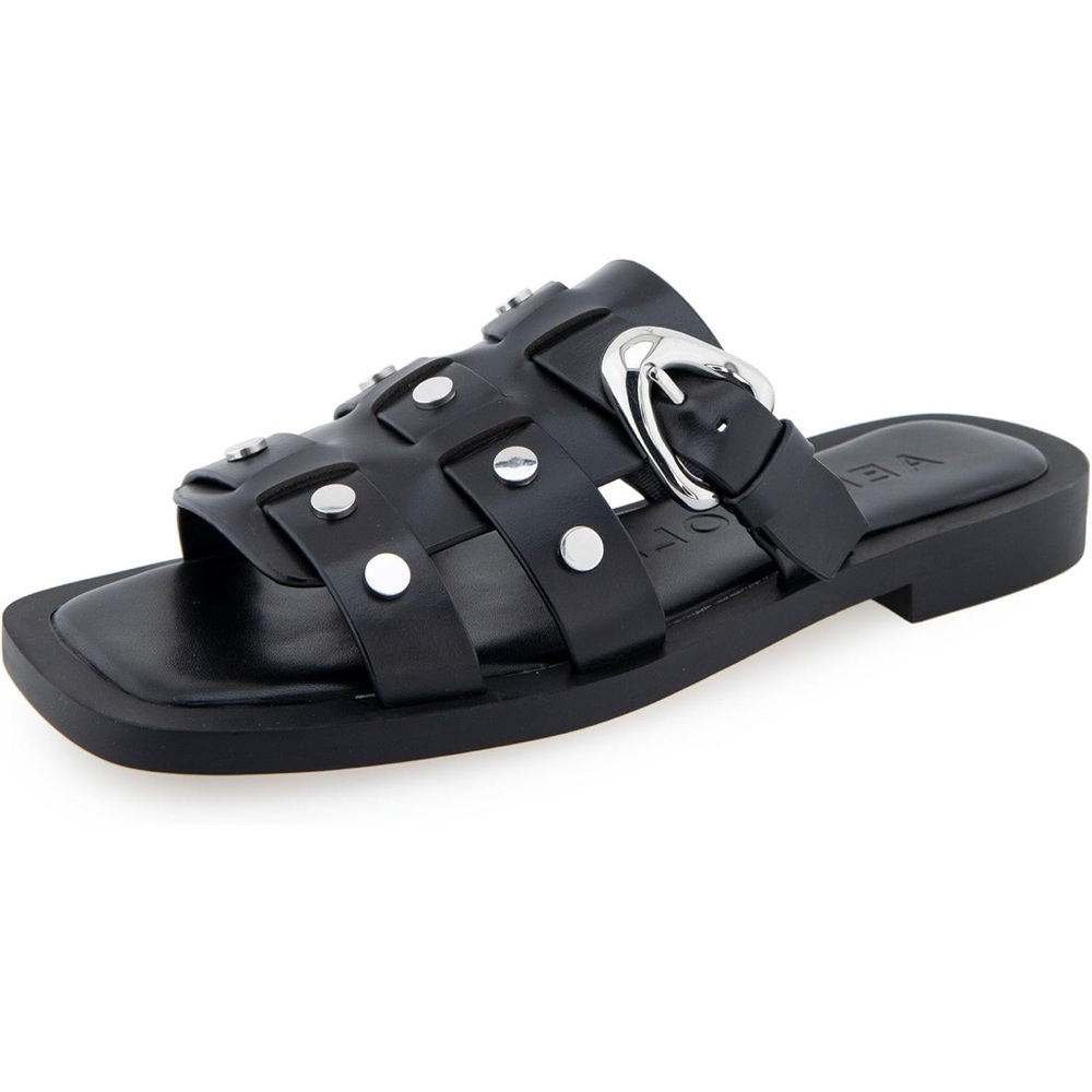 Aerosoles St Marks Black Leather Silver Studded Slide Sandals